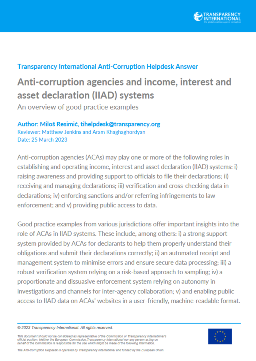Anti-corruption agencies and income, interest and asset declaration (IIAD) systems