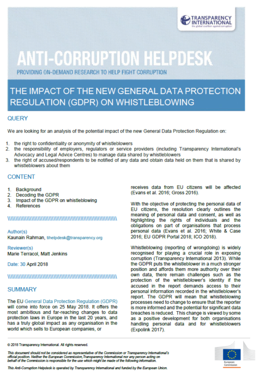 The impact of the General Data Protection Regulation on whistleblowing