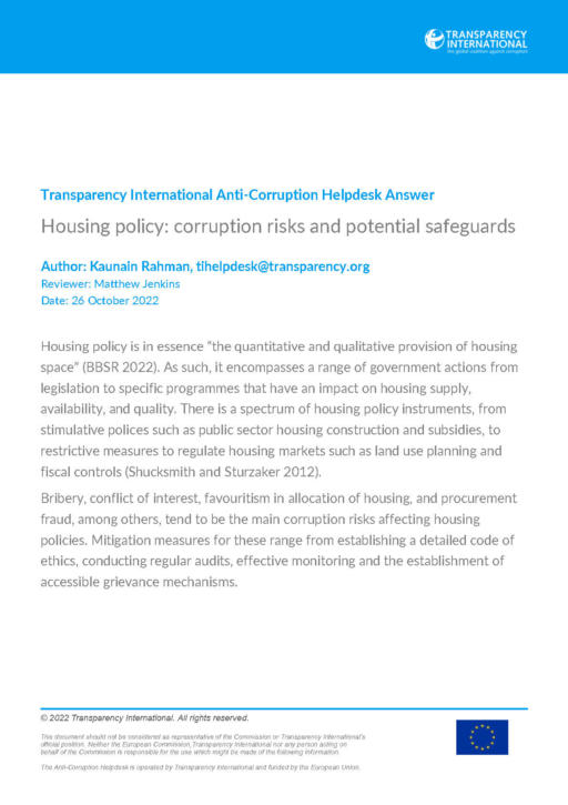 Housing policy: corruption risks and potential safeguards