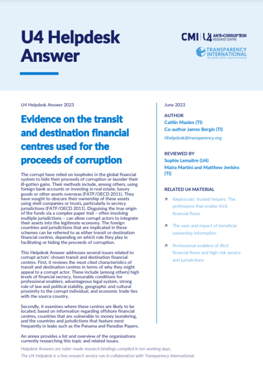 Evidence on the transit and destination financial centres used for the proceeds of corruption