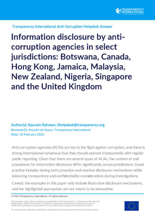 Information disclosure by anti-corruption agencies in select jurisdictions: Botswana, Canada, Hong Kong, Jamaica, Malaysia, New Zealand, Nigeria, Singapore and the United Kingdom