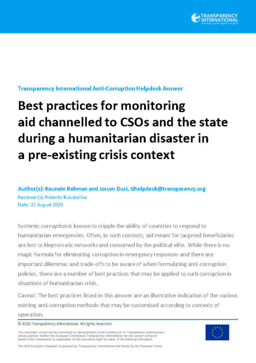 Best practices for monitoring aid channelled to CSOs and the state during a humanitarian disaster in a pre-existing crisis context