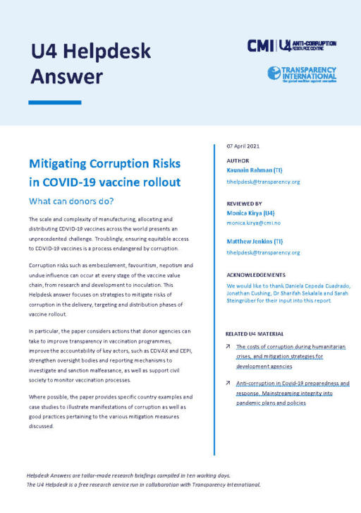 Mitigating Corruption Risks in COVID-19 vaccine rollout