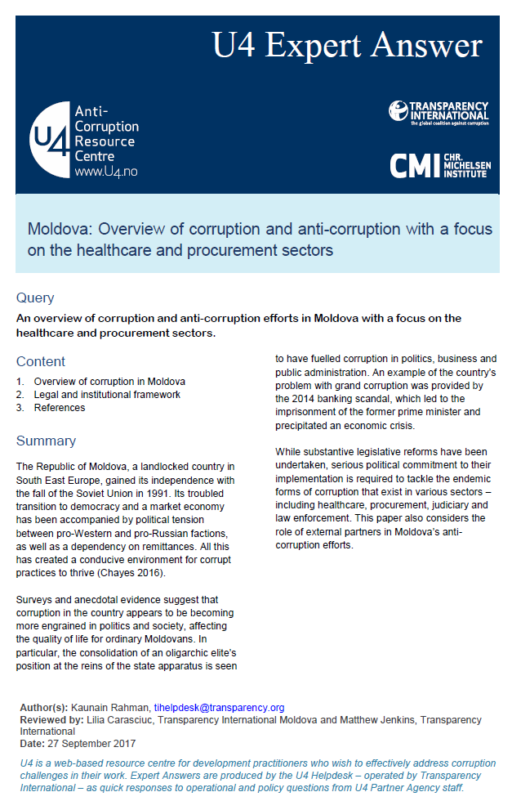 Moldova: Overview of corruption and anti-corruption with a focus on the healthcare and procurement sectors