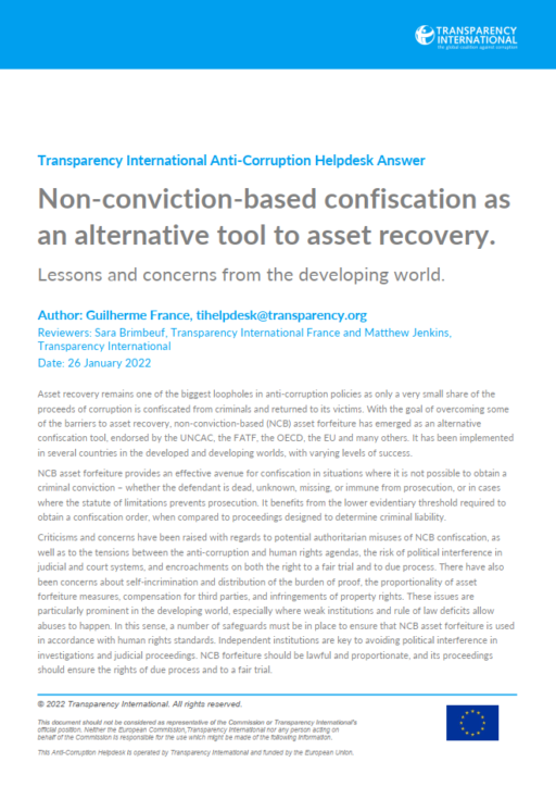 Non-conviction-based confiscation as an alternative tool to asset recovery: Lessons and concerns from the developing world.