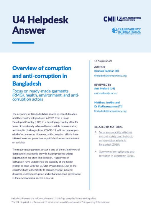 Overview of corruption and anti-corruption in Bangladesh: Focus on ready-made garments (RMG), health, environment, and anti-corruption actors
