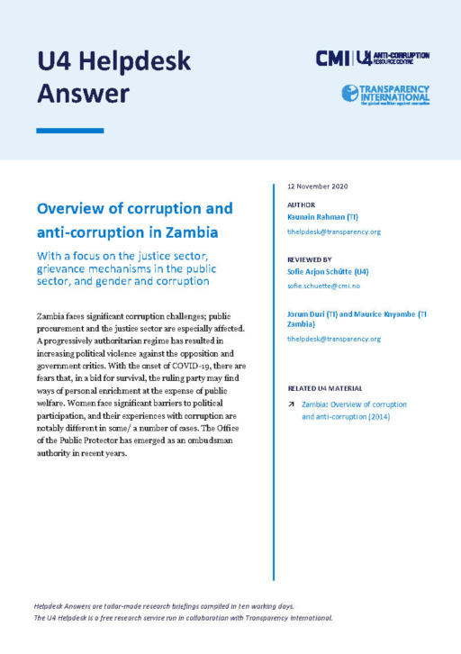 Overview of corruption and anti-corruption in Zambia