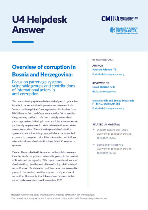 Overview of corruption in Bosnia and Herzegovina: Focus on patronage systems, vulnerable groups and contributions of international actors in anti corruption