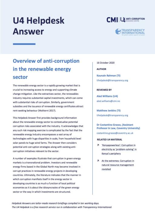 Overview of anti-corruption in the renewable energy sector
