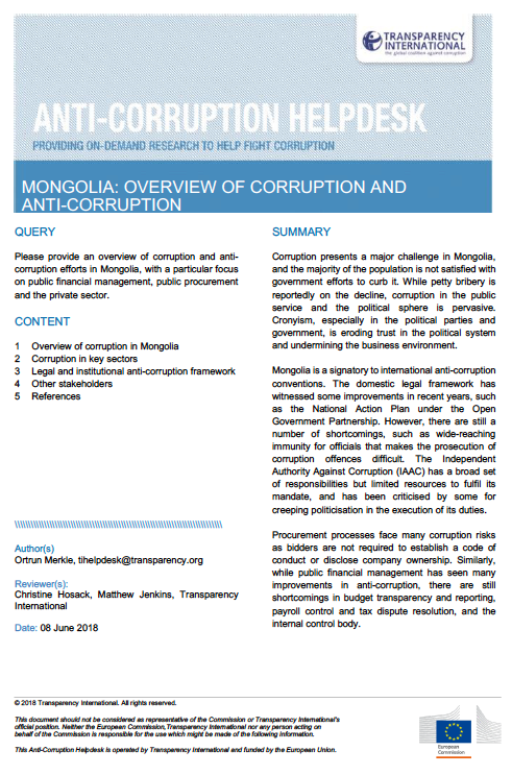 Mongolia: Overview of Corruption and Anti-Corruption