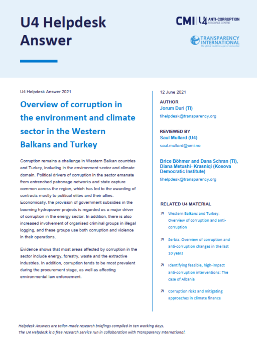 Overview of corruption in the environment and climate sector in the Western Balkans and Turkey