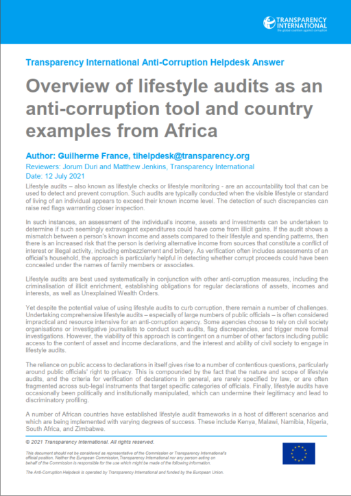 Overview of lifestyle audits as an anti-corruption tool and country examples from Africa