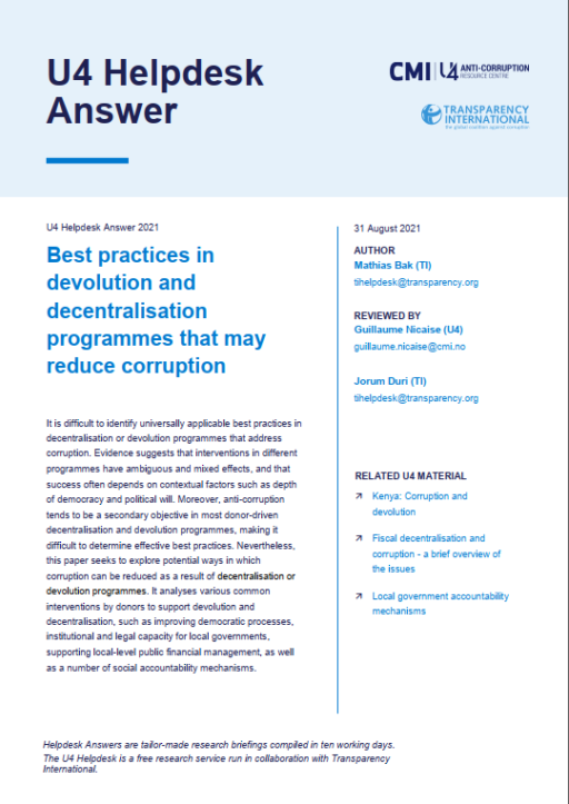 Best practices in devolution and decentralisation programmes that may reduce corruption