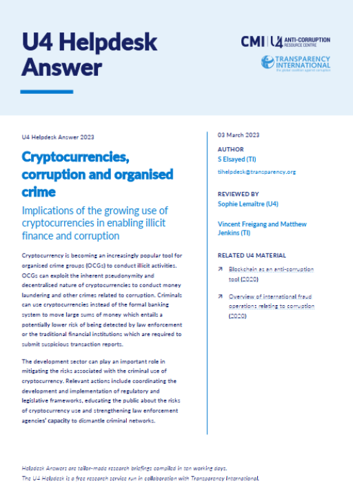 Cryptocurrencies, corruption and organised crime: Implications of the growing use of cryptocurrencies in enabling illicit finance and corruption