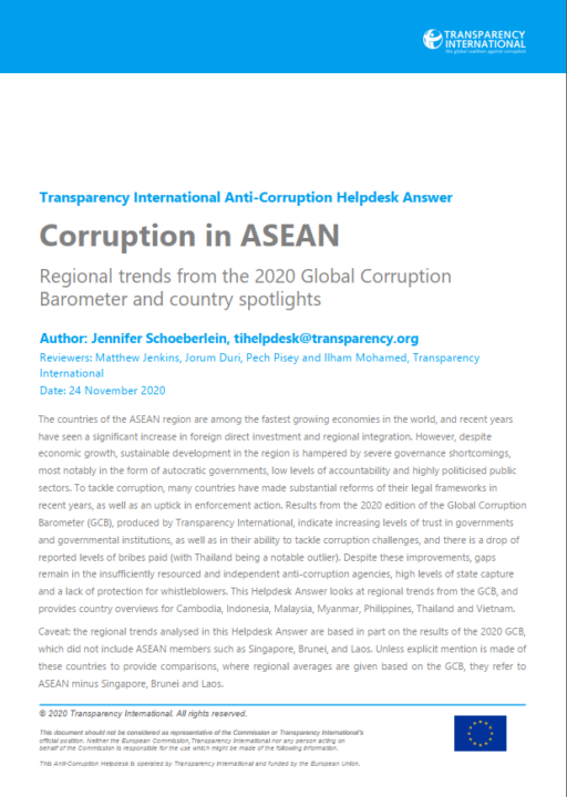 Corruption in ASEAN: Regional trends from the 2020 Global Corruption Barometer and country spotlights