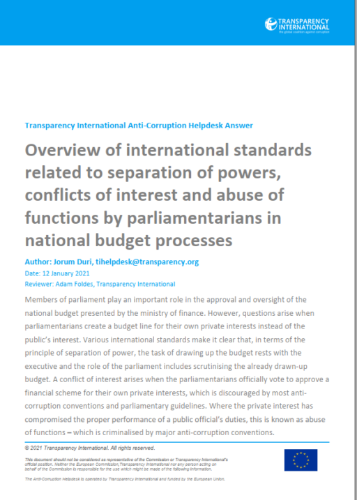 Overview of international standards related to separation of powers, conflicts of interest and abuse of functions by parliamentarians in national budget processes