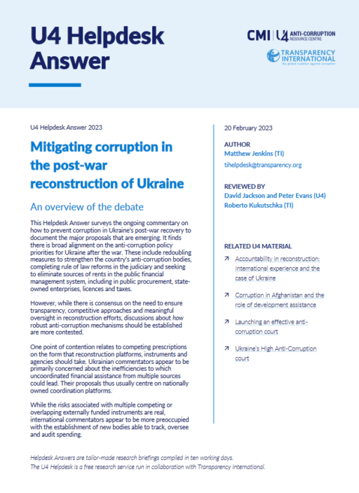 Mitigating corruption in the post-war reconstruction of Ukraine: An overview of the debate