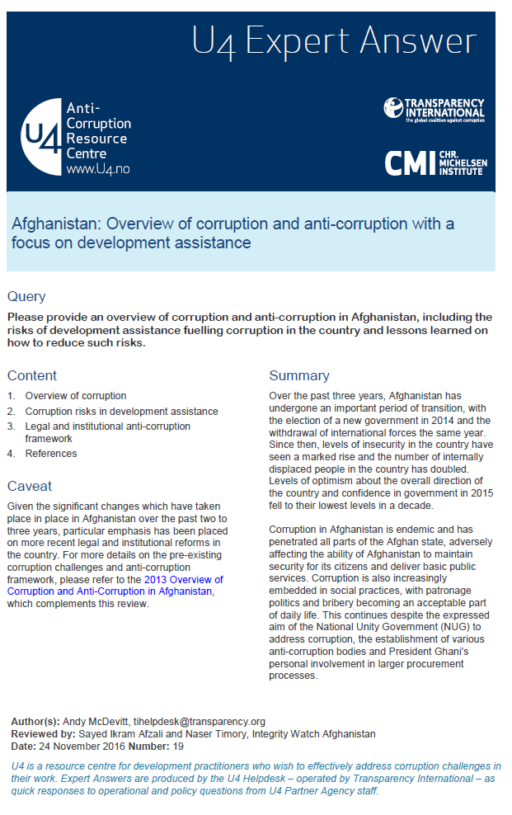 Afghanistan: Overview of corruption and anti-corruption with a focus on development assistance