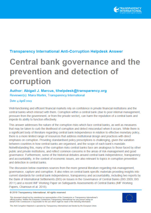 Central bank governance and the prevention and detection of corruption