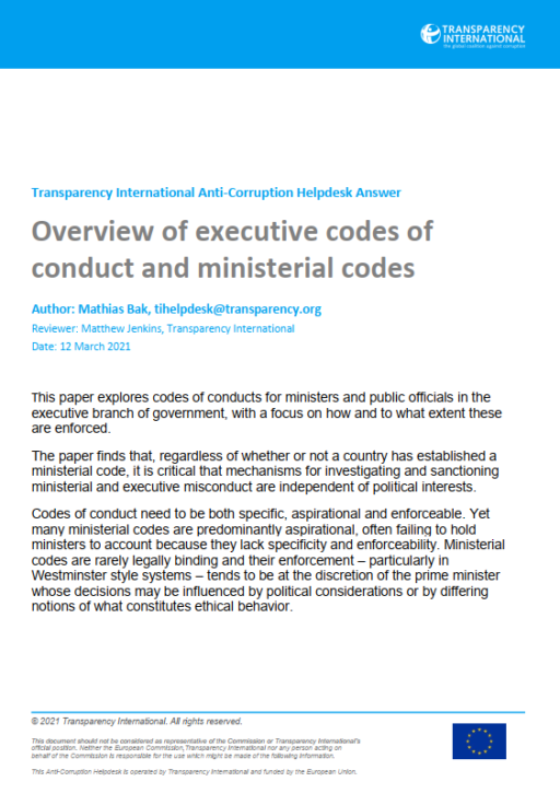 Overview of executive codes of conduct and ministerial codes