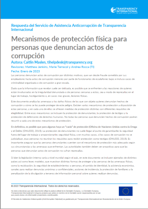 Mecanismos de protección física para personas que denuncian actos de corrupción