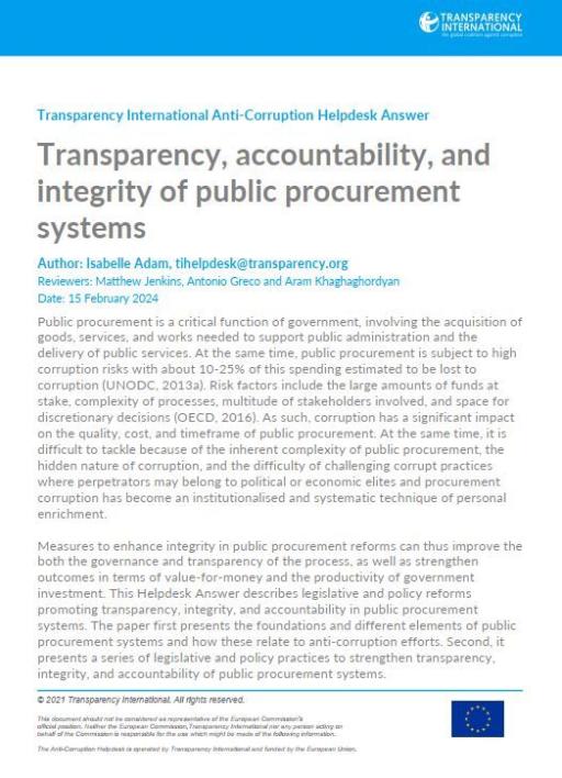 Transparency, accountability, and integrity of public procurement systems