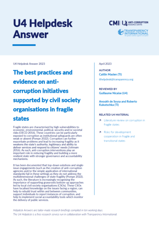 The best practices and evidence on anti-corruption initiatives supported by civil society organisations in fragile states