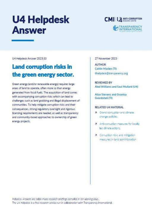 Land corruption risks in the green energy sector