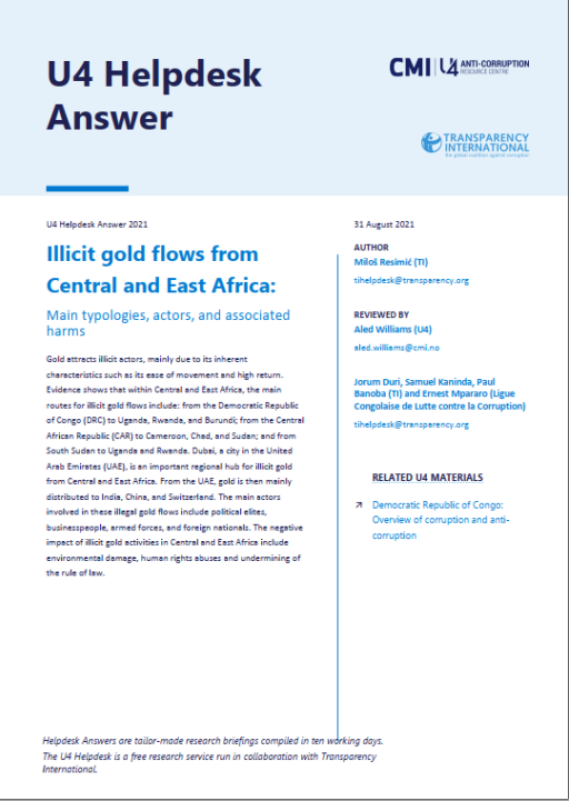 Illicit gold flows from Central and East Africa: Main typologies, actors, and associated harms