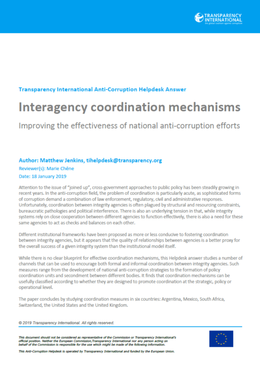 Interagency coordination mechanisms: improving the effectiveness of national anti-corruption efforts