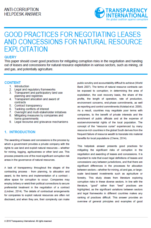 Good practices for negotiating leases and concessions for natural resource exploitation