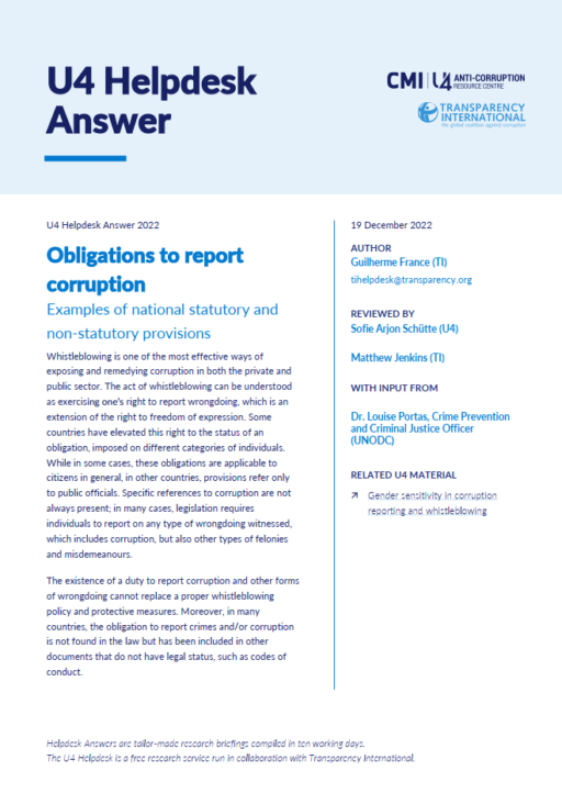Obligations to report corruption: examples of national statutory and non-statutory provisions