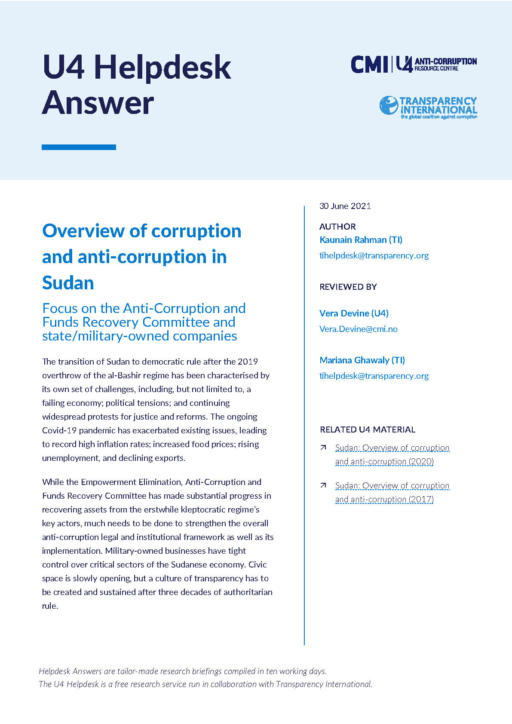 Overview of corruption and anti-corruption in Sudan: Focus on the Anti-Corruption and Funds Recovery Committee and state/military-owned companies