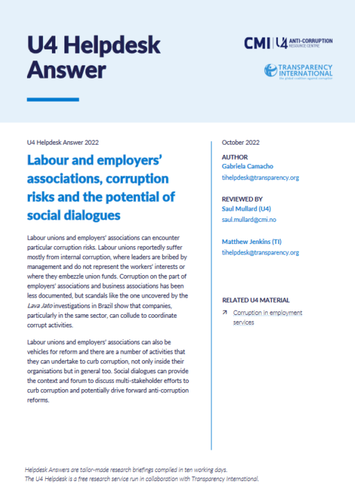 Labour and employers’ associations, corruption risks and the potential of social dialogues