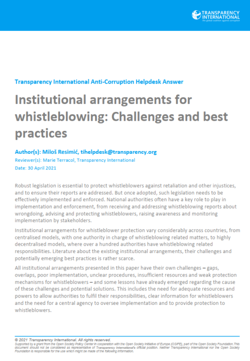Institutional arrangements for whistleblowing: Challenges and best practices